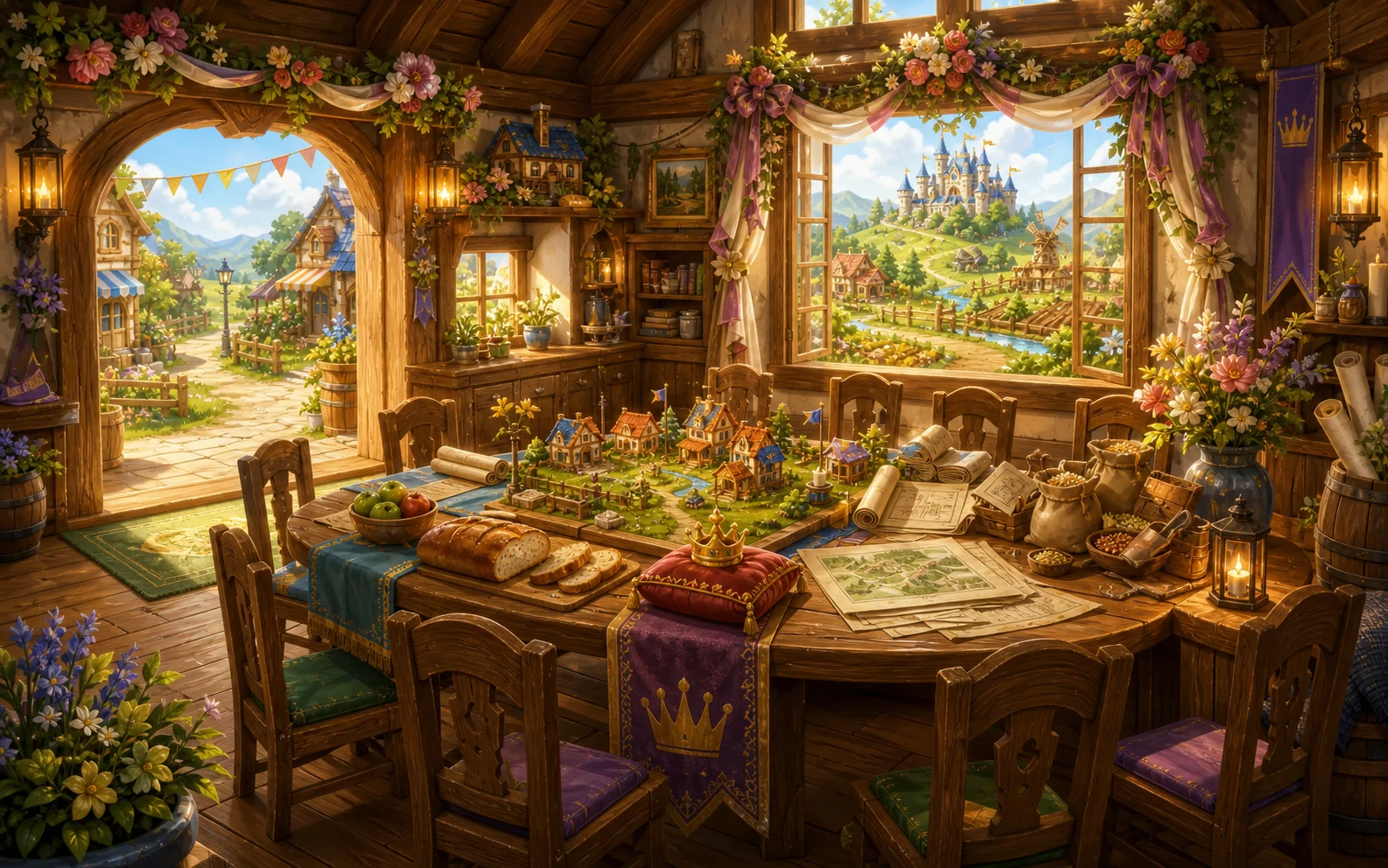 Council cottage interior with a table map and castle view