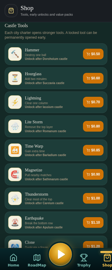 In-game shop with Castle Tools like Hammer and Hourglass